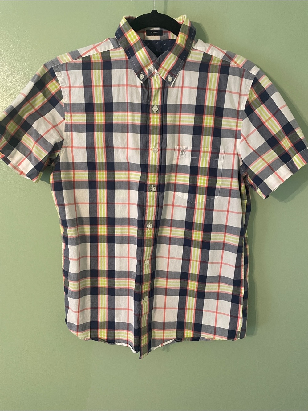 American Eagle Navy, White & Green Plaid Short-Sleeve Button-Down Shirt Slim Fit